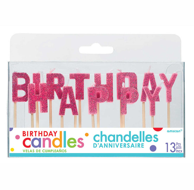 Happy Birthday Pick Candles - Pink with Plastic Picks Pack of 13