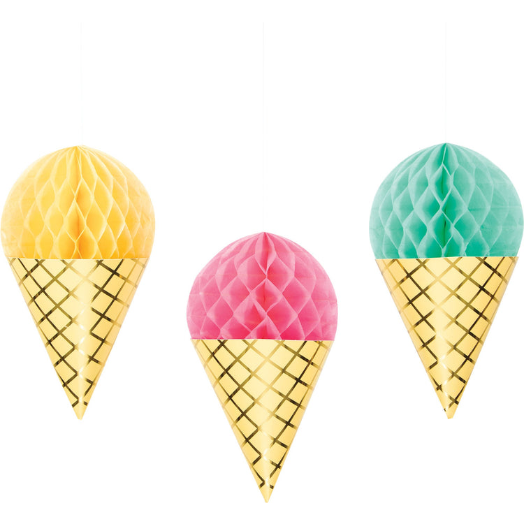 Ice Cream Party Decor Hanging Honeycomb Cones & Foil 16cm x 33cm Pack of 3