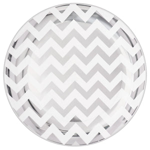 Premium Chevron Silver 26cm Round Plastic Plates Pack of 10