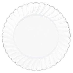 Premium White w/Silver Trim, Scalloped w/Metal Trim 18cm Round Plate Pack of 20