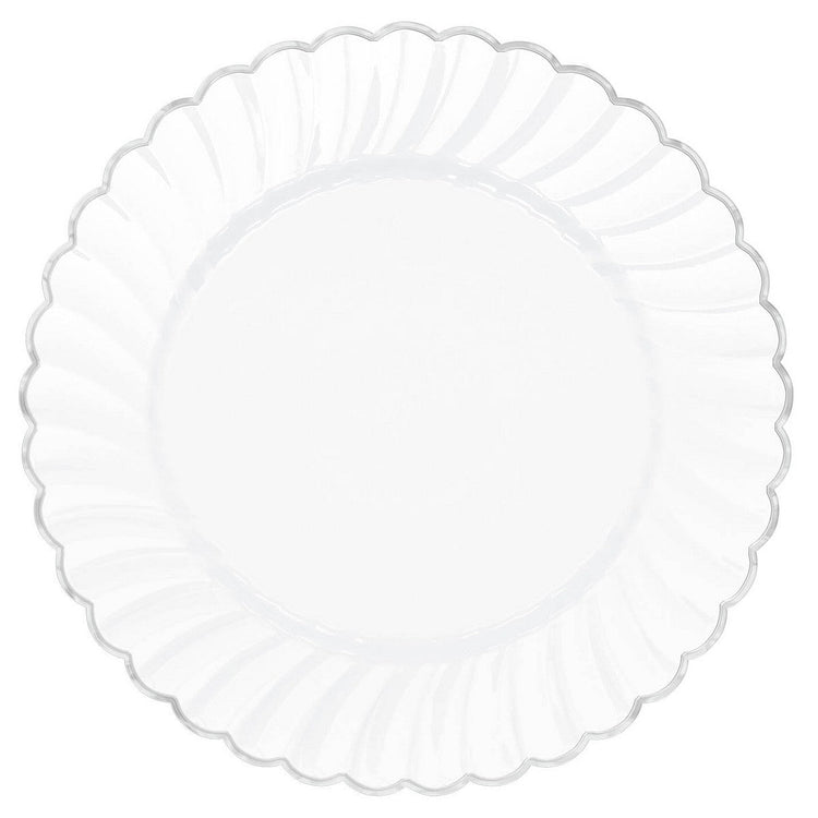 Premium White w/Silver Trim, Scalloped w/Metal Trim 18cm Round Plate Pack of 20