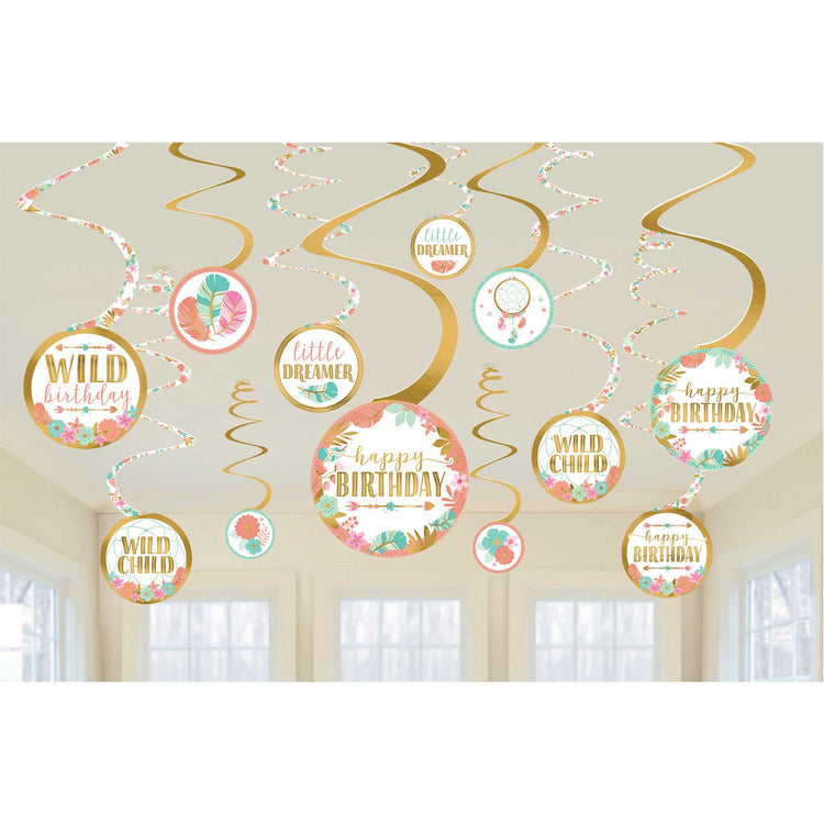 Boho Birthday Girl Hanging Swirl Decorations Pack of 12