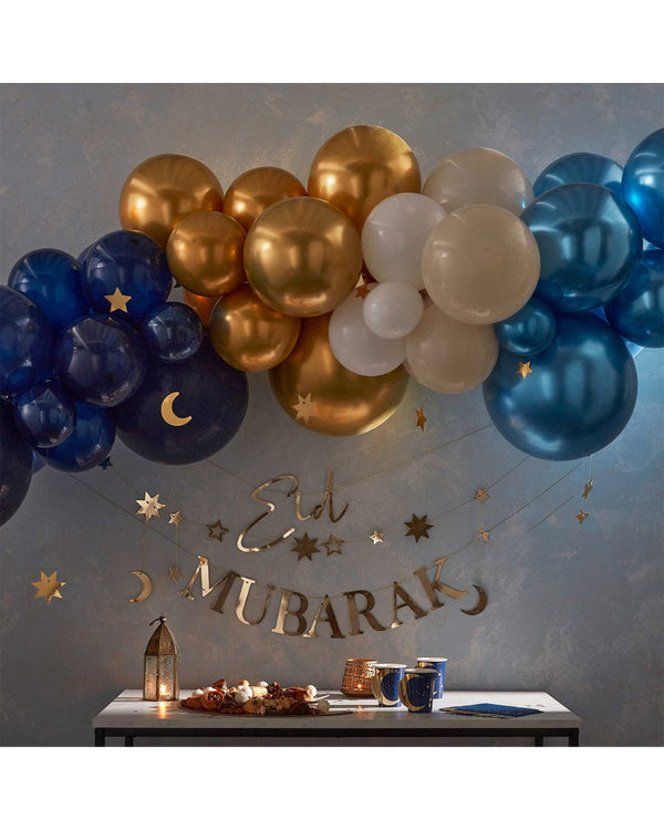 Eid Balloon Garland Mixed Chromes with Hanging Moons & Stars Navy, Gold & White