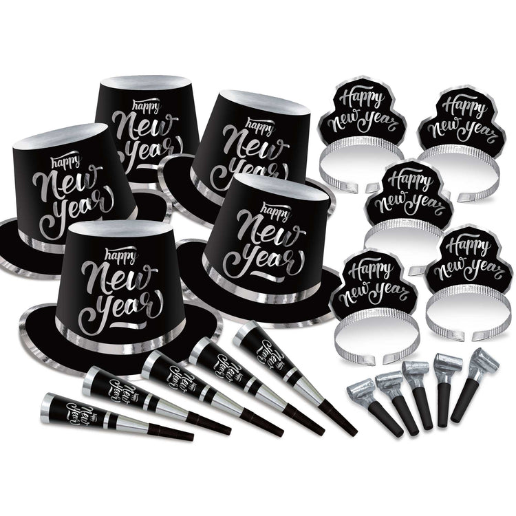 New Years Party Box Kit Black & Silver for 20 People Pack of 20