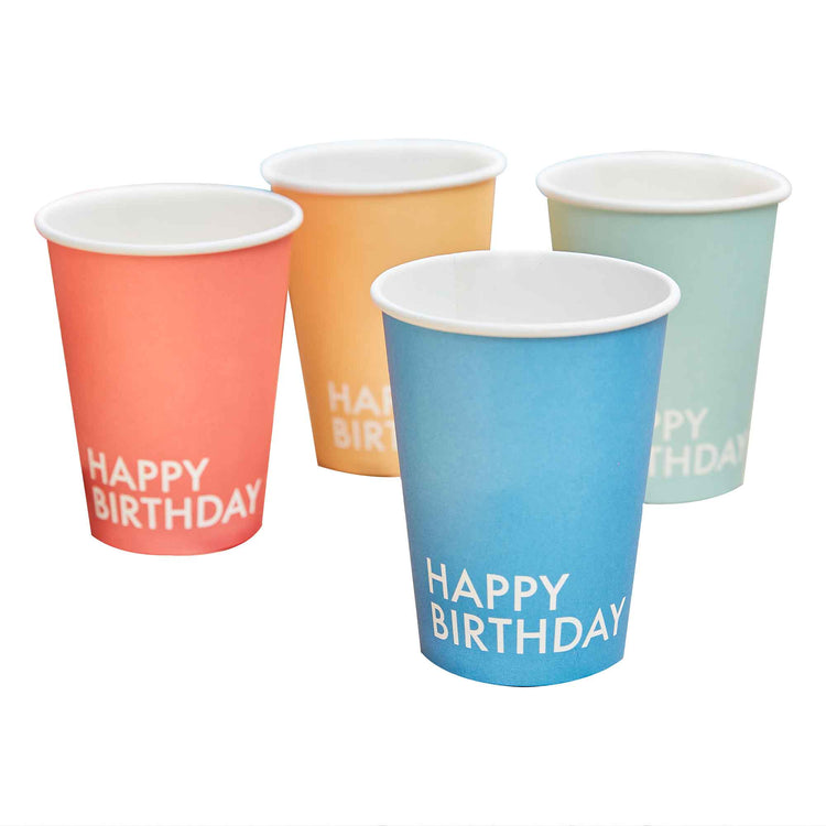 Mix It Up 9oz/266ml Paper Cups Happy Birthday Mixed Colours Pack of 8