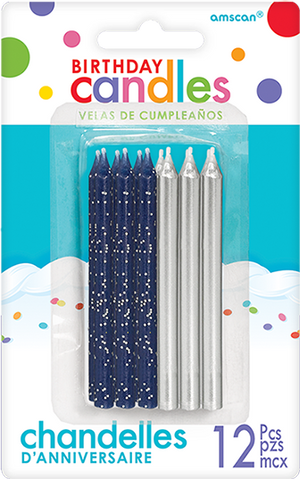 Candles Glitter & Metallic Silver & Blue 8cm Pack of 12