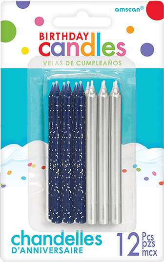 Candles Glitter & Metallic Silver & Blue 8cm Pack of 12