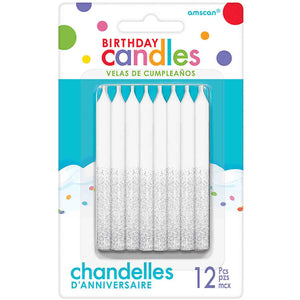 Candles White & Silver Glitter Dip 8cm Pack of 12