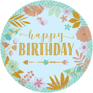 Boho Birthday Girl Happy Birthday 17cm Round Metallic Plates Pack of 8