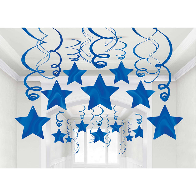 Royal Blue Foil Star Hanging Swirl Decorations Pack of 30