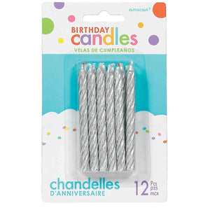 Birthday Candles Large Spiral Glitter Silver Pack of 12