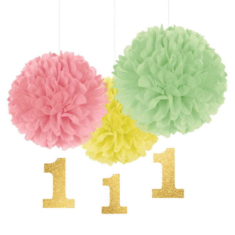 1st Birthday Girl Fluffy Decorations & Glittered Cutouts Pack of 3