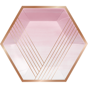 Rose All Day Banquet Plates Hexagonal Stripes Rose Gold Foil 25cm Pack of 8
