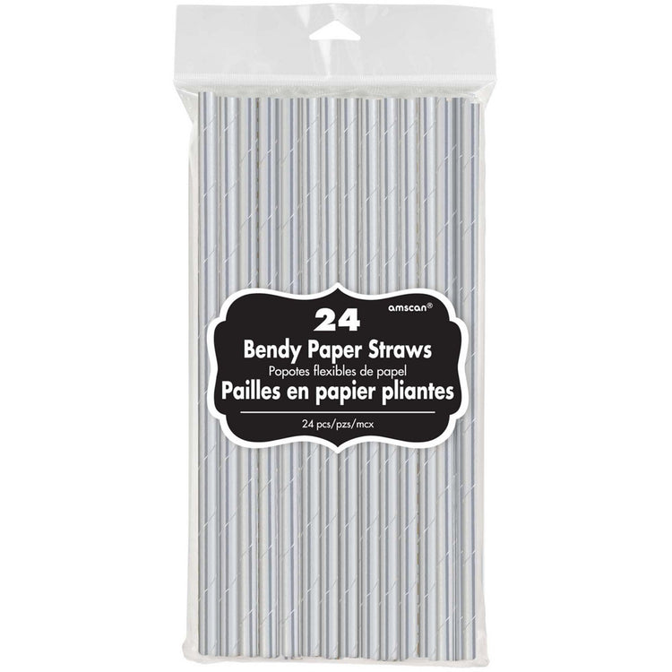 Silver 20cm Paper Straws Pack of 24