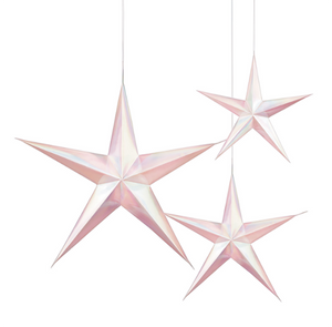 Hanging 3D Star Decorations Iridescent White & Pink Pack of 3