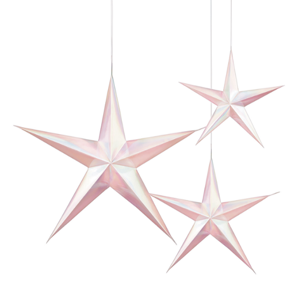 Hanging 3D Star Decorations Iridescent White & Pink Pack of 3