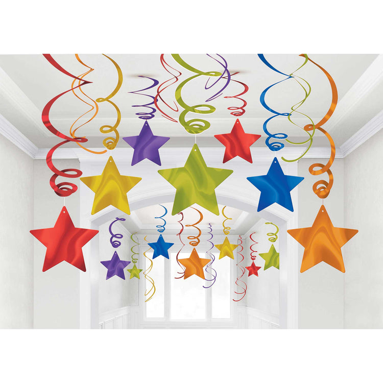 Rainbow Foil Shooting Stars Hanging Swirl Decorations Mega Pack of 30