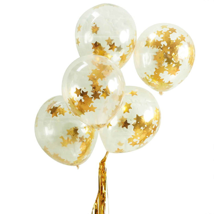 Gold Star Shaped Confetti Filled Balloons Metallic Star Pack of 5