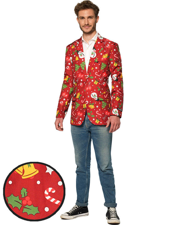 Light Up Red Christmas Icons Mens Suitmeister Jacket