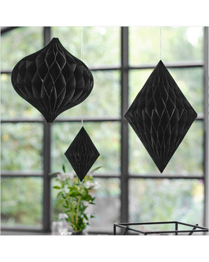 Contemporary Wedding Black Honeycomb Paper Hanging Decorations Pack of 3