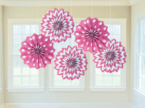 Bright Pink Hanging Printed Fan Decorations Pack of 5