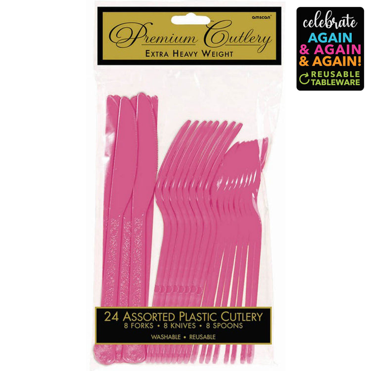 Premium Cutlery Set 24 Pack Bright Pink - Extra Heavy Weight Pack of 24