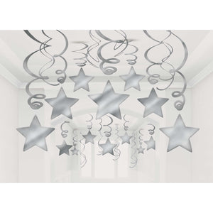 Silver Foil Shooting Stars Hanging Swirl Decorations Mega Pack of 30