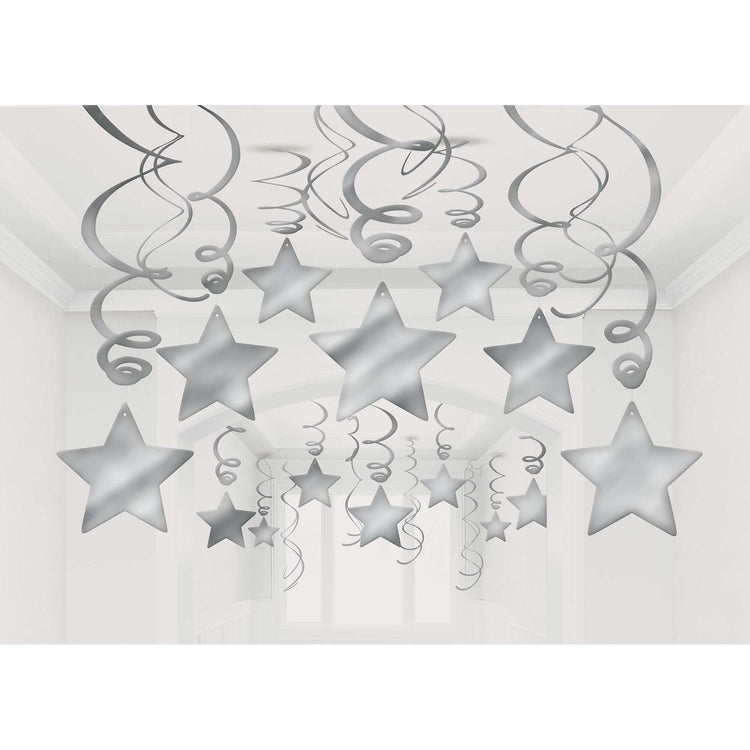 Silver Foil Shooting Stars Hanging Swirl Decorations Mega Pack of 30