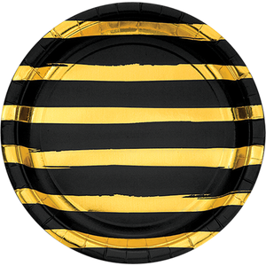 Black Velvet and Gold Foil Striped 22cm Dinner Paper Plates Pack of 8