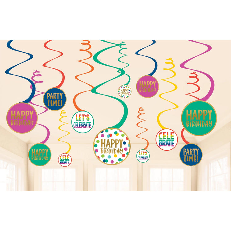 Happy Dots Happy Birthday Spiral Swirls Hanging Decorations Hot Stamped Pack of 12