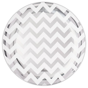 Premium Chevron Silver 19cm Round Plastic Plates Pack of 20