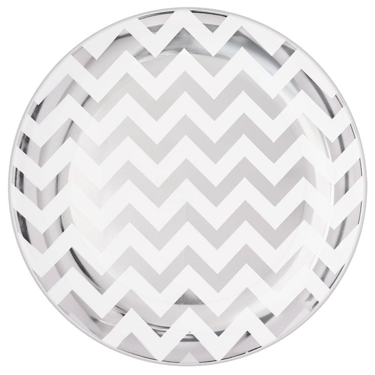 Premium Chevron Silver 19cm Round Plastic Plates Pack of 20