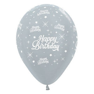 Sempertex 30cm Happy Birthday Twinkling Stars Satin Pearl Silver Latex Balloons, 25PK Pack of 25