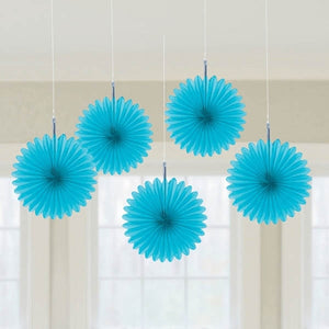 Caribbean Blue Mini Hanging Fan Decorations Pack of 5