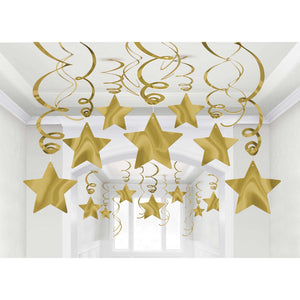 Gold Foil Shooting Stars Hanging Swirl Decorations Mega Pack of 30