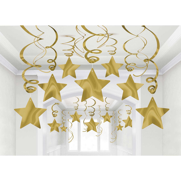 Gold Foil Shooting Stars Hanging Swirl Decorations Mega Pack of 30