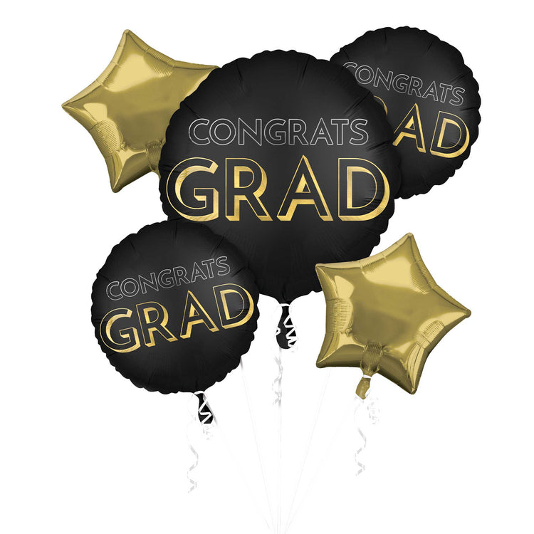 Black and Gold Balloon Bouquet Grad Celebrate Satin Pack of 5