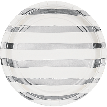 Touch of Colour White & Silver Foil Striped Dinner Plates Paper 22cm Pack of 8