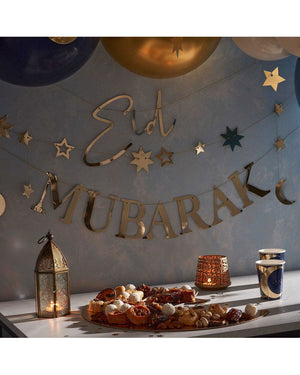 Eid Bunting Mubarak with Moons and Stars Gold