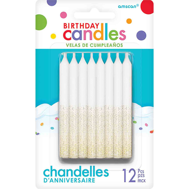 Candles White & Gold Glitter Dip 8cm Pack of 12