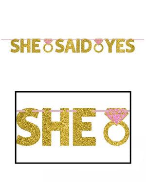 She Said Yes Glittered Cardboard Gold & Pink Ribbon Banner