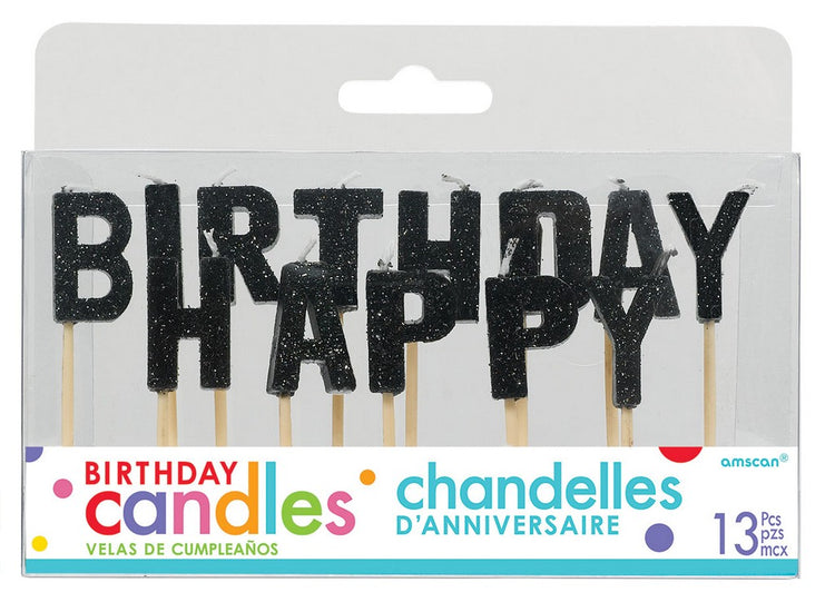 Happy Birthday Pick Candles - Glitter Black with Plastic Picks Pack of 13