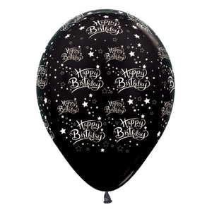 Sempertex 30cm Happy Birthday Stars Metallic Black Latex Balloons, 25PK Pack of 25