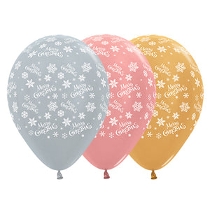 Sempertex 30cm Merry Christmas Snowflakes Metallic Silver, Rose Gold & Gold Latex Balloons, 25PK Pack of 25