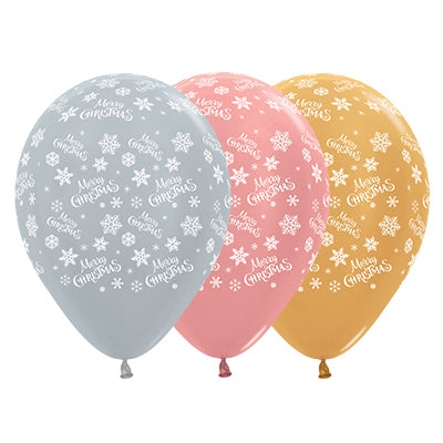 Sempertex 30cm Merry Christmas Snowflakes Metallic Silver, Rose Gold & Gold Latex Balloons, 25PK Pack of 25