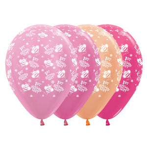 Sempertex 30cm 1st Birthday Girl Bumble Bees Satin Pearl & Metallic Assorted Latex Balloons Pack of 25