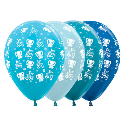 Sempertex 30cm 1st Birthday Boy Elephants Satin Pearl & Metallic Assorted Latex Balloons Pack of 25