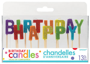 Happy Birthday Pick Candles - Glitter Multi-Coloured with Plastic Picks Pack of 13