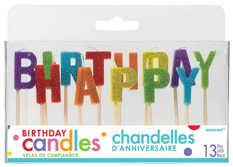 Happy Birthday Pick Candles - Glitter Multi-Coloured with Plastic Picks Pack of 13