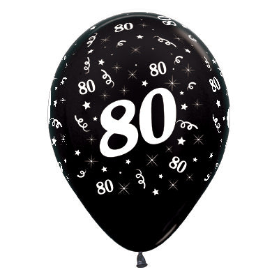 Sempertex 30cm Age 80 Metallic Black Latex Balloons, 6PK Pack of 6